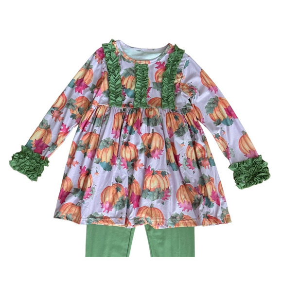 NWOT Pumpkin Leaf Fall Autumn Orange Crush Print Ruffle Top, leggings Set age 4T - Picture 9 of 14